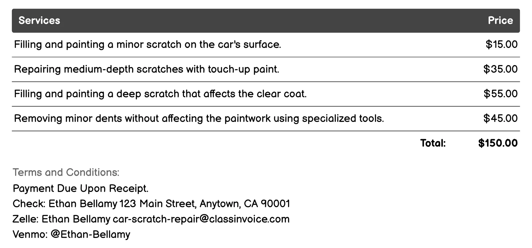 Touch-Up Paint Invoice Example