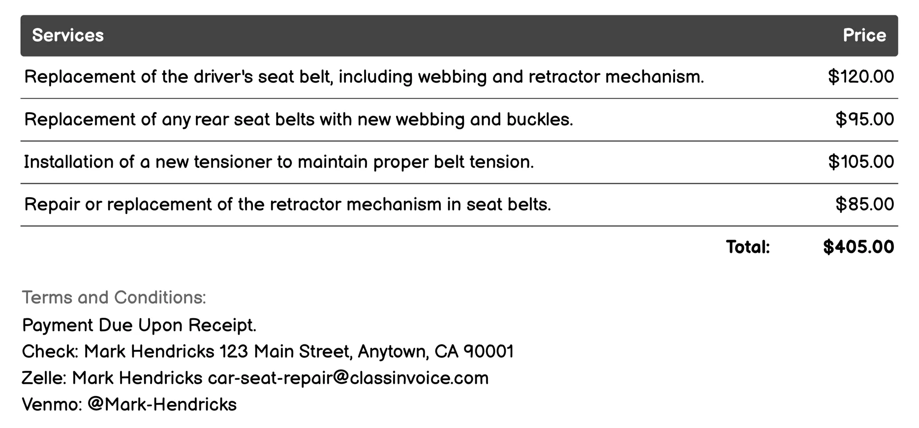 Belt Replacement Invoice Example