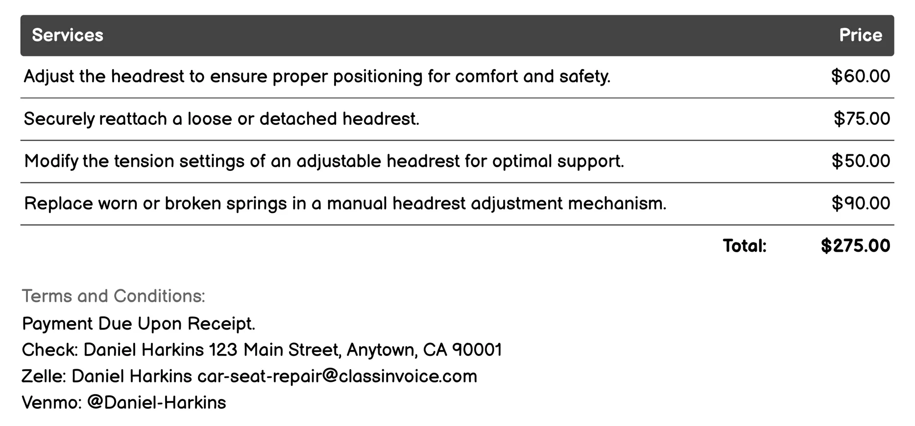 Headrest Adjustment Invoice Example
