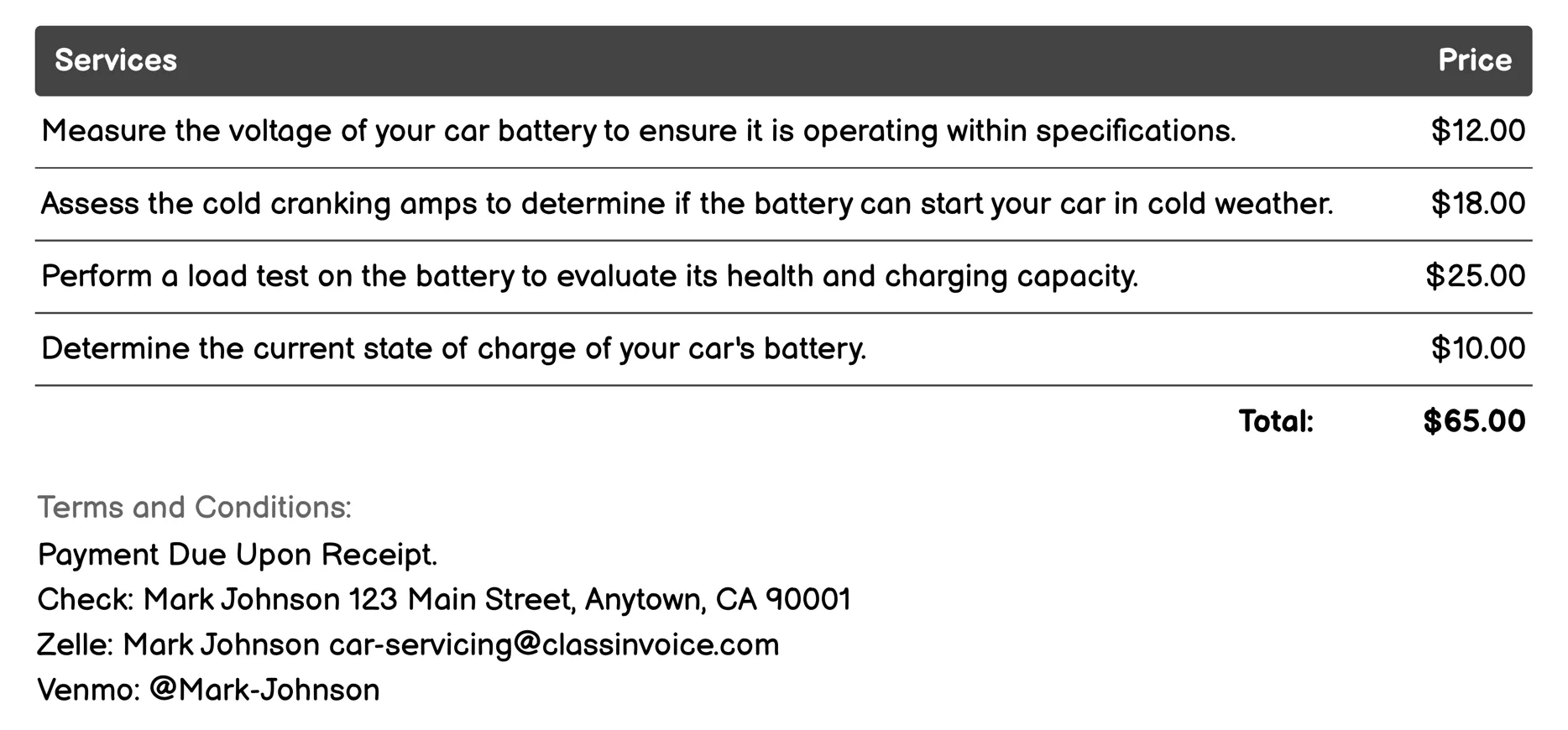 Battery Check Invoice Example