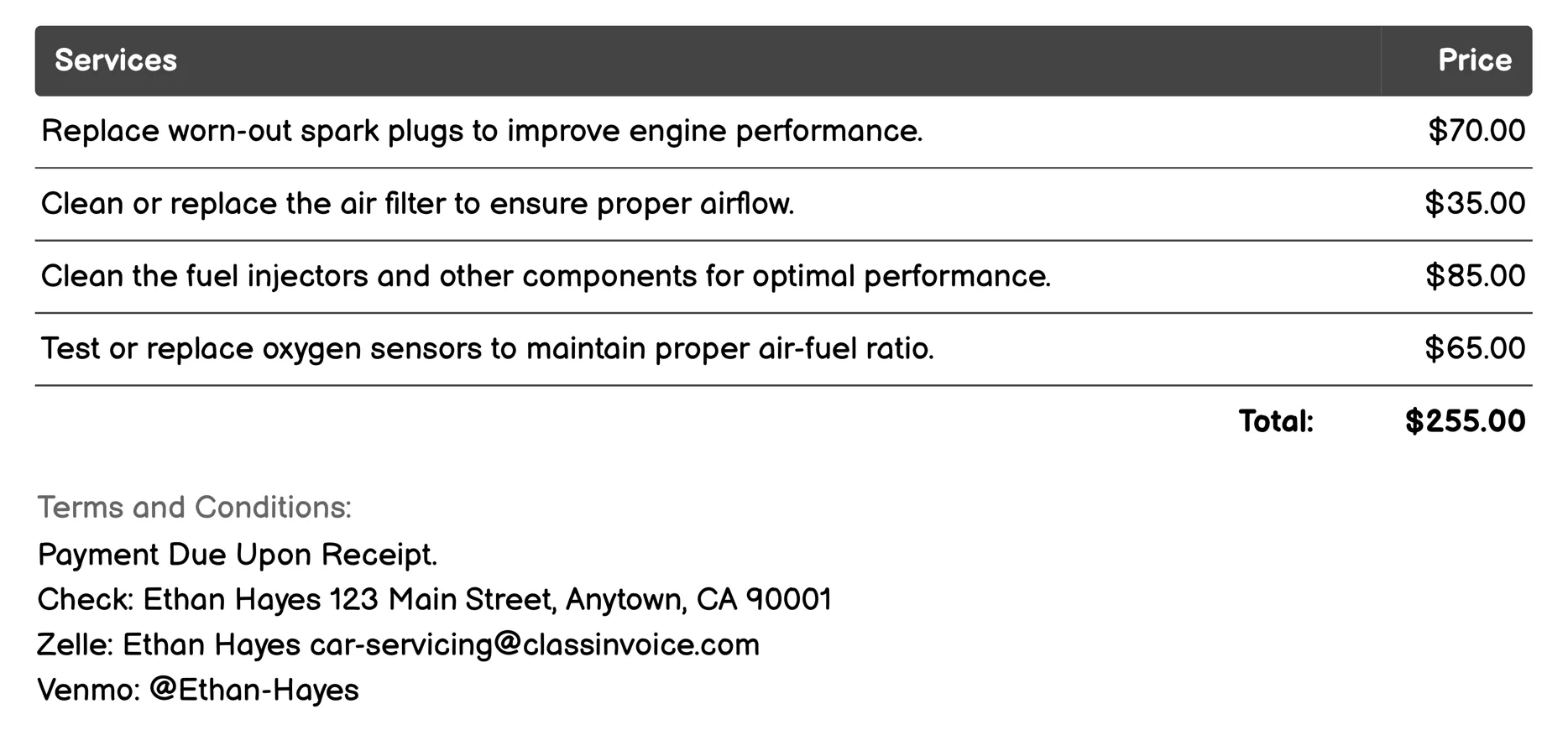 Engine Tune-Up Invoice Example