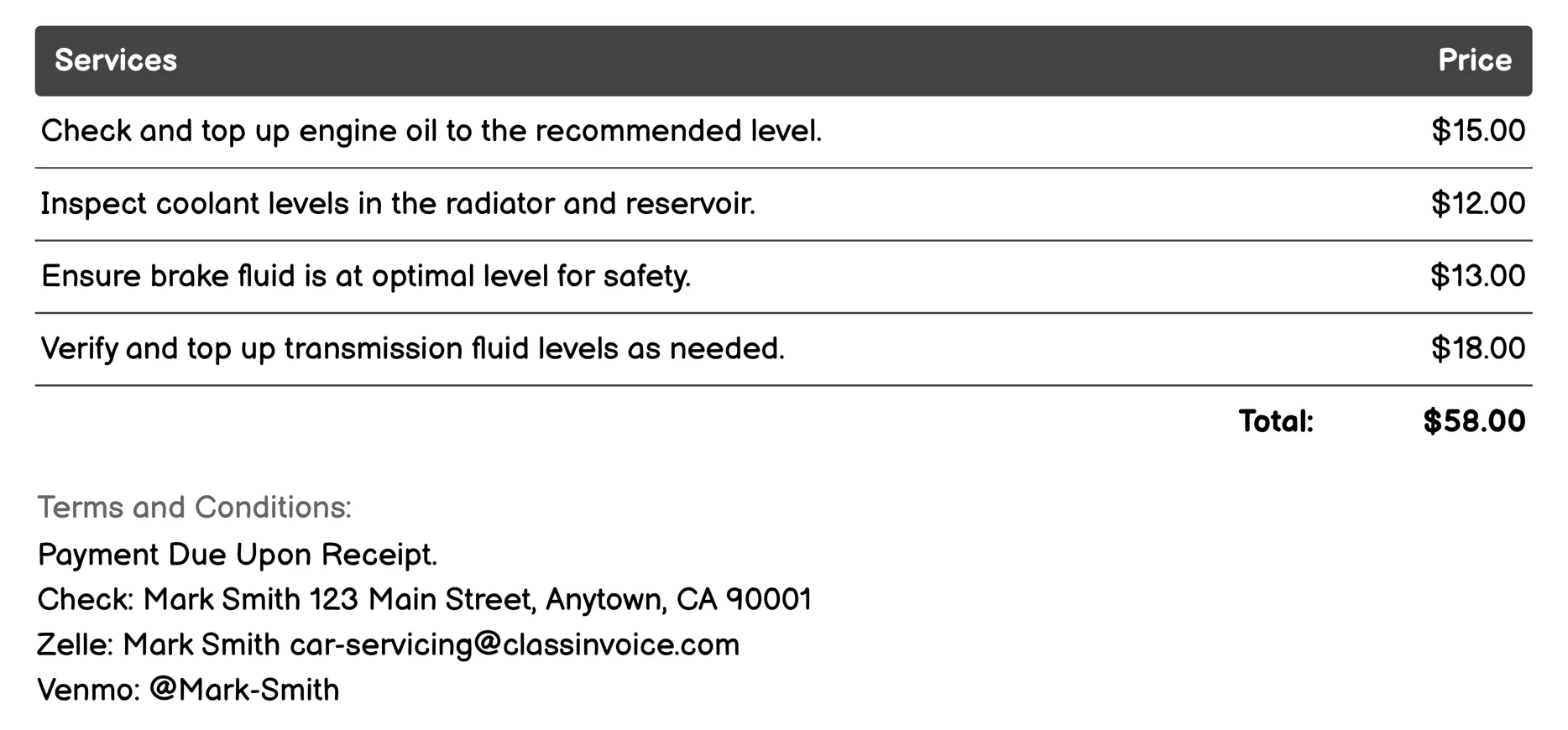 Fluid Level Checks Invoice Example