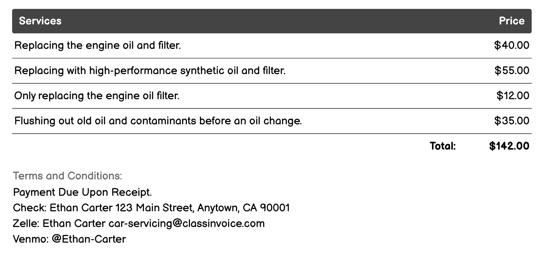 Oil Change Invoice Example