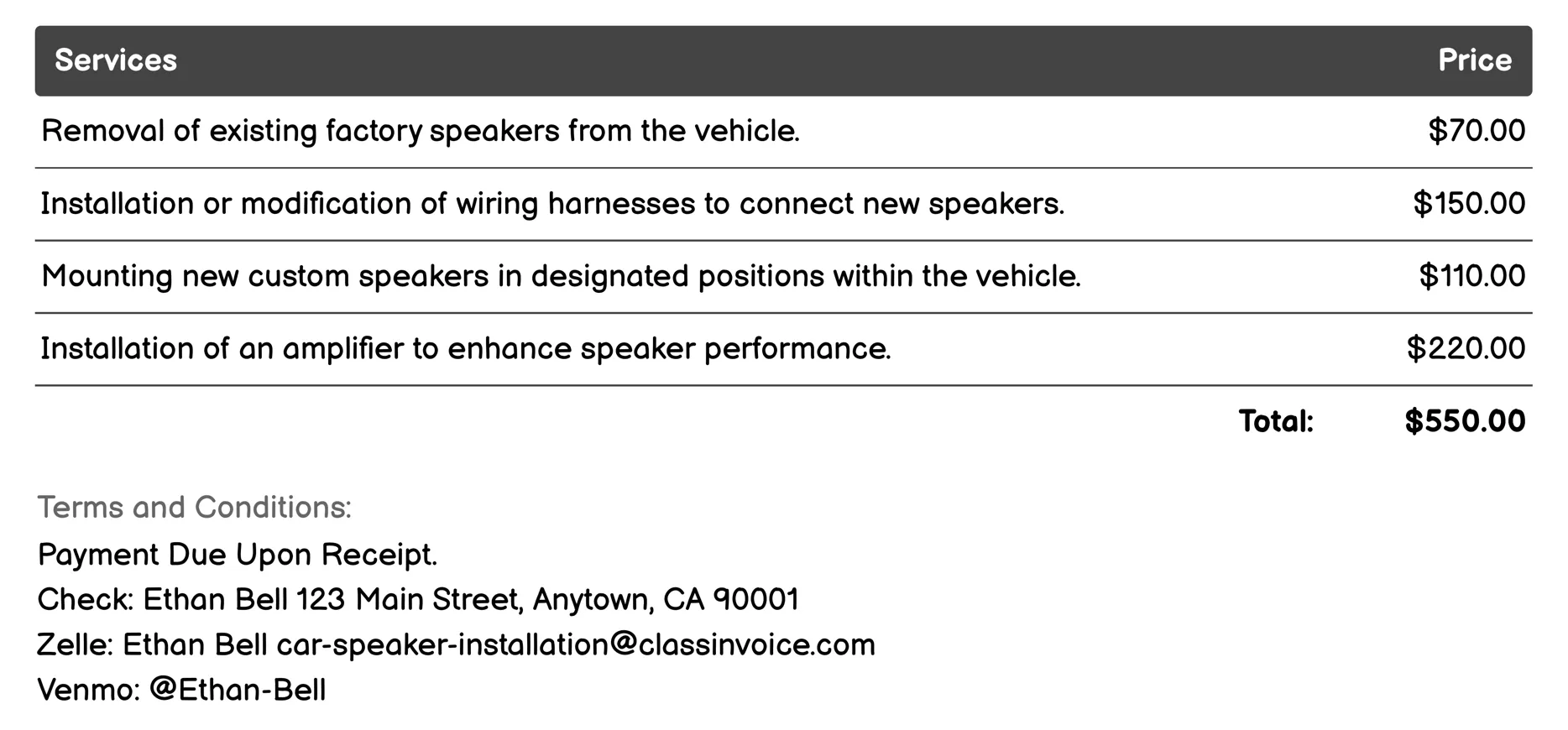 Custom Audio Package Installation Invoice Example