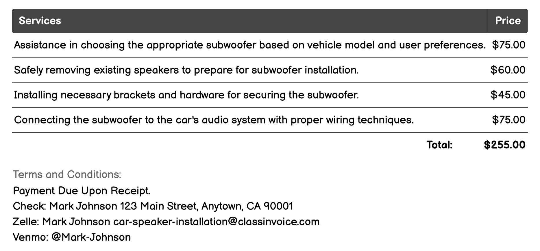 Subwoofer Installation Invoice Example