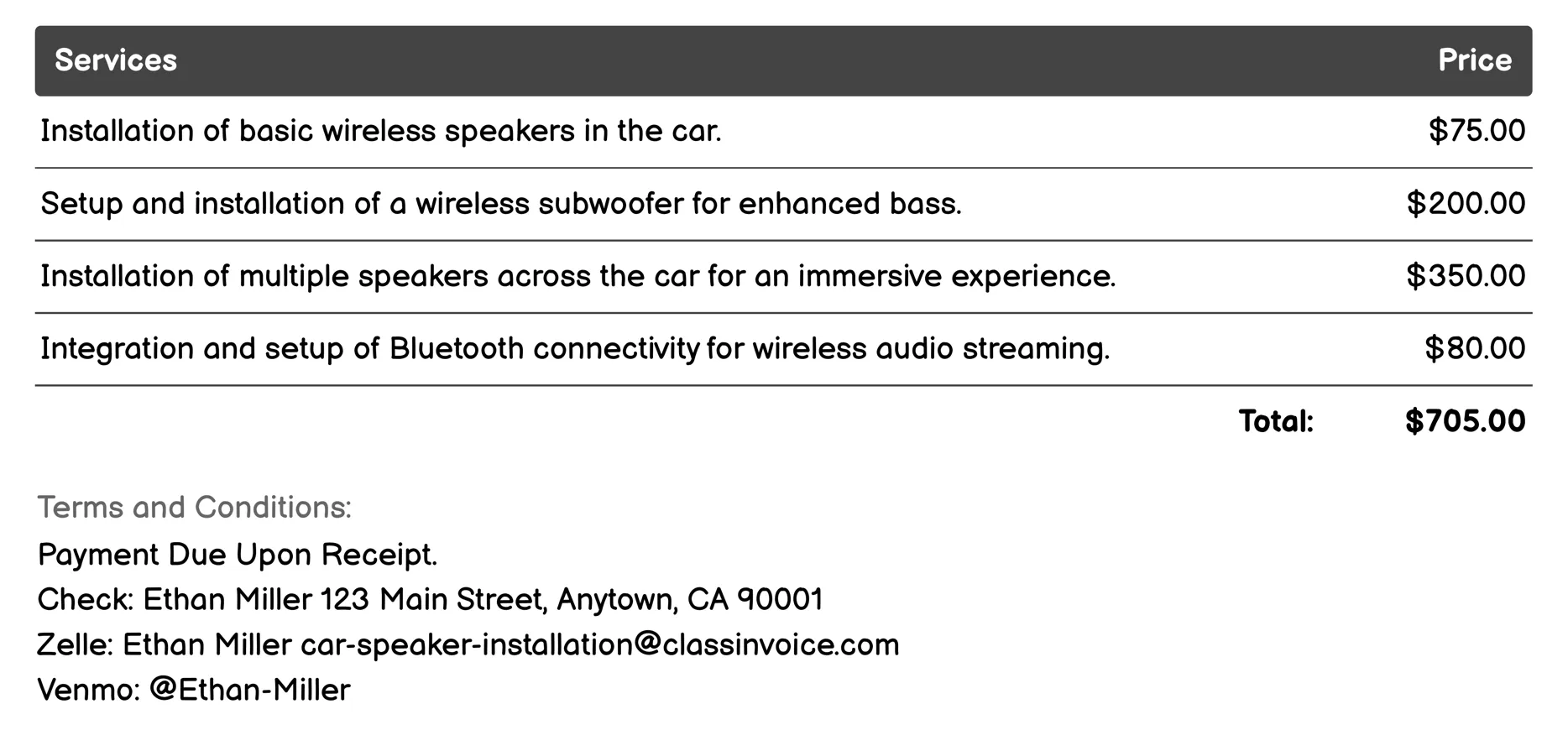 Wireless Speaker Setup Invoice Example