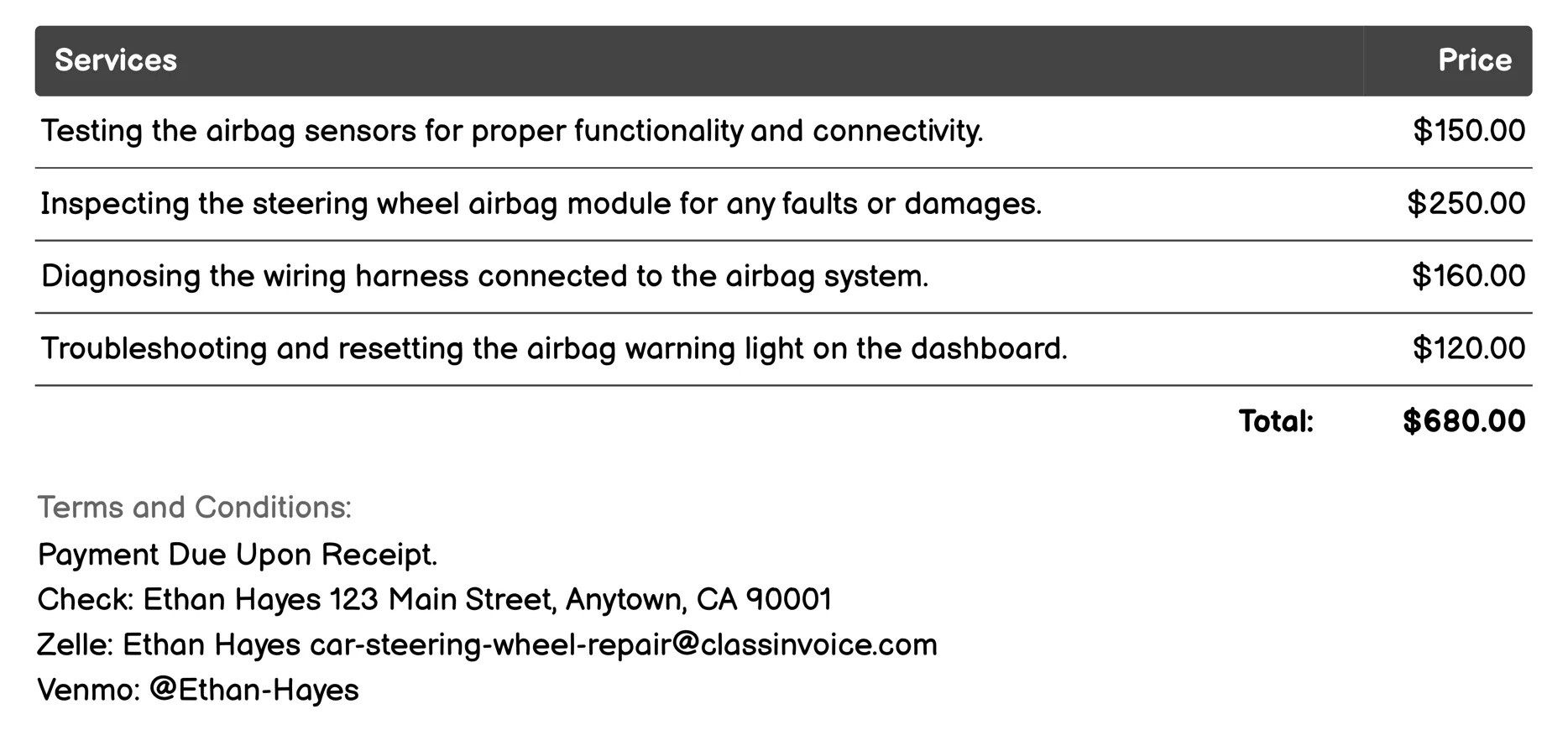 Airbag System Diagnostics Invoice Example