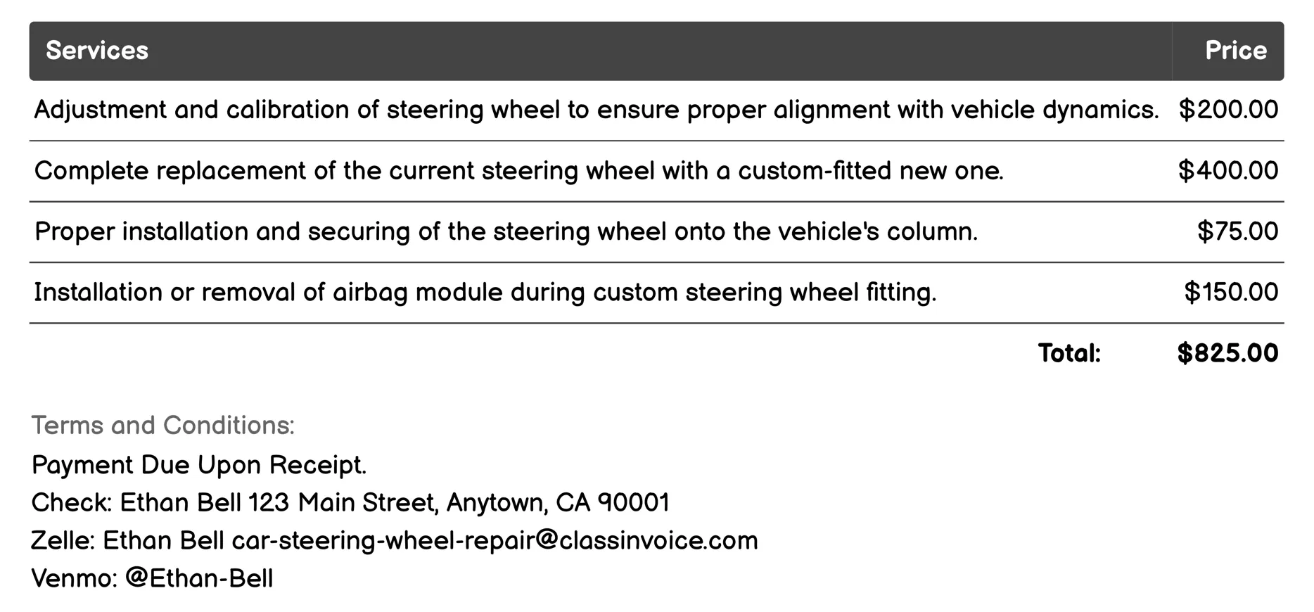 Custom Steering Wheel Fitting Invoice Example