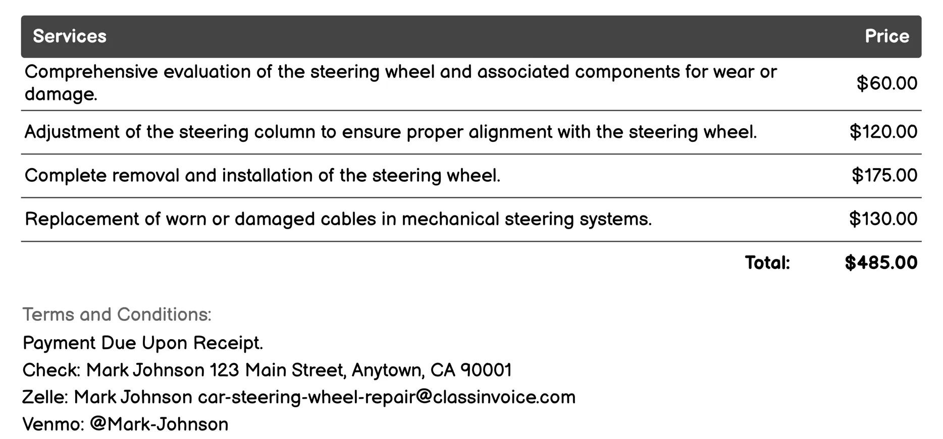 Steering Column Repair Invoice Example