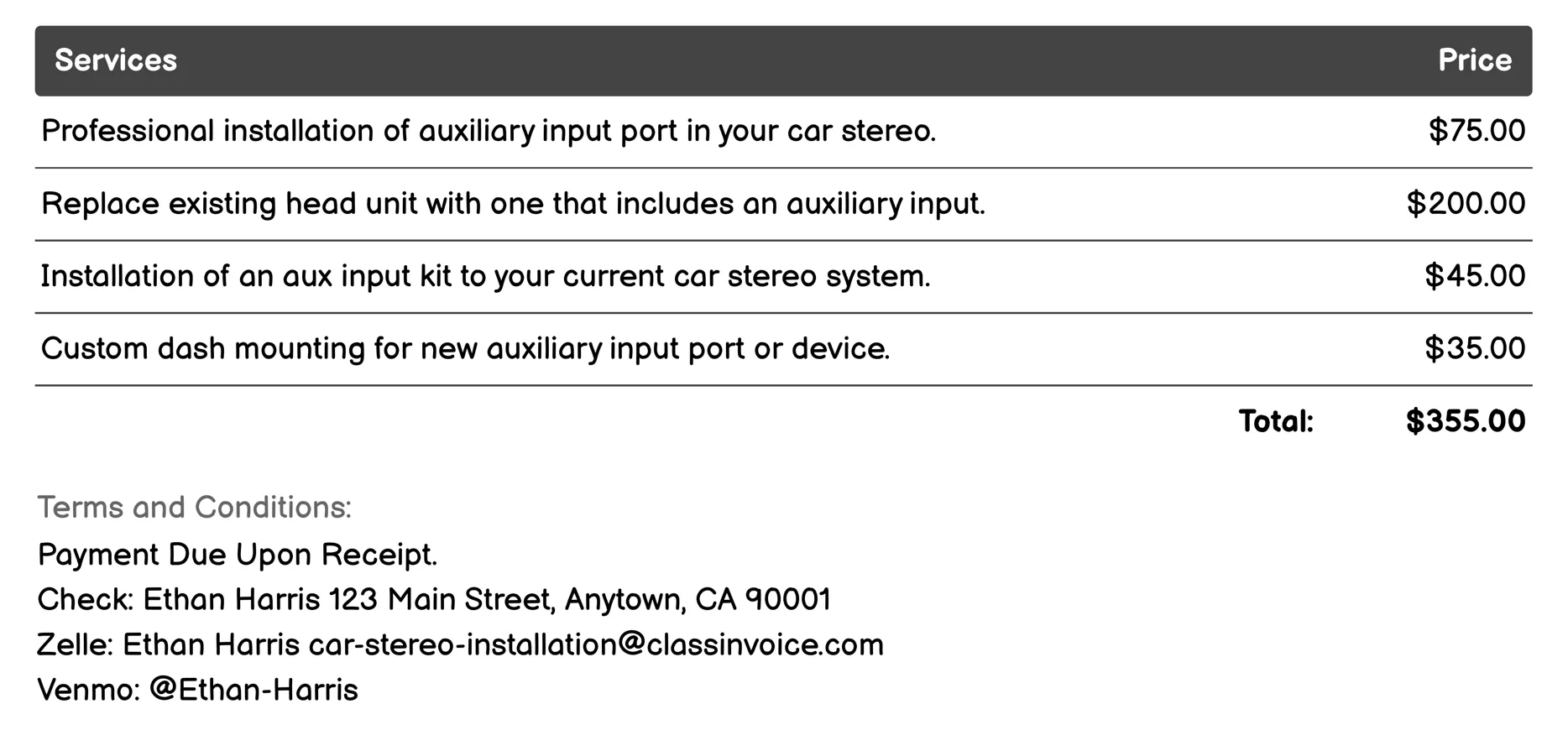 Auxiliary Input Installation Invoice Example