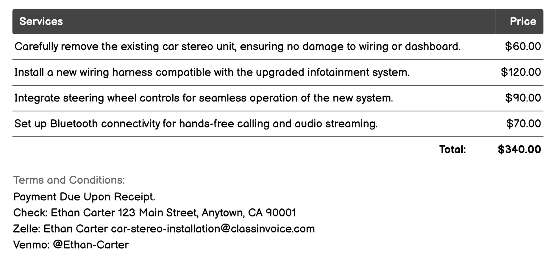 Infotainment System Upgrade Invoice Example