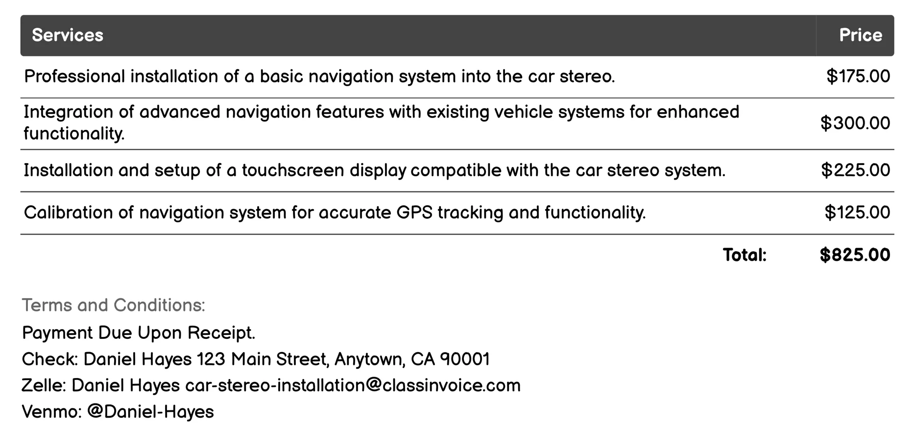Navigation System Integration Invoice Example