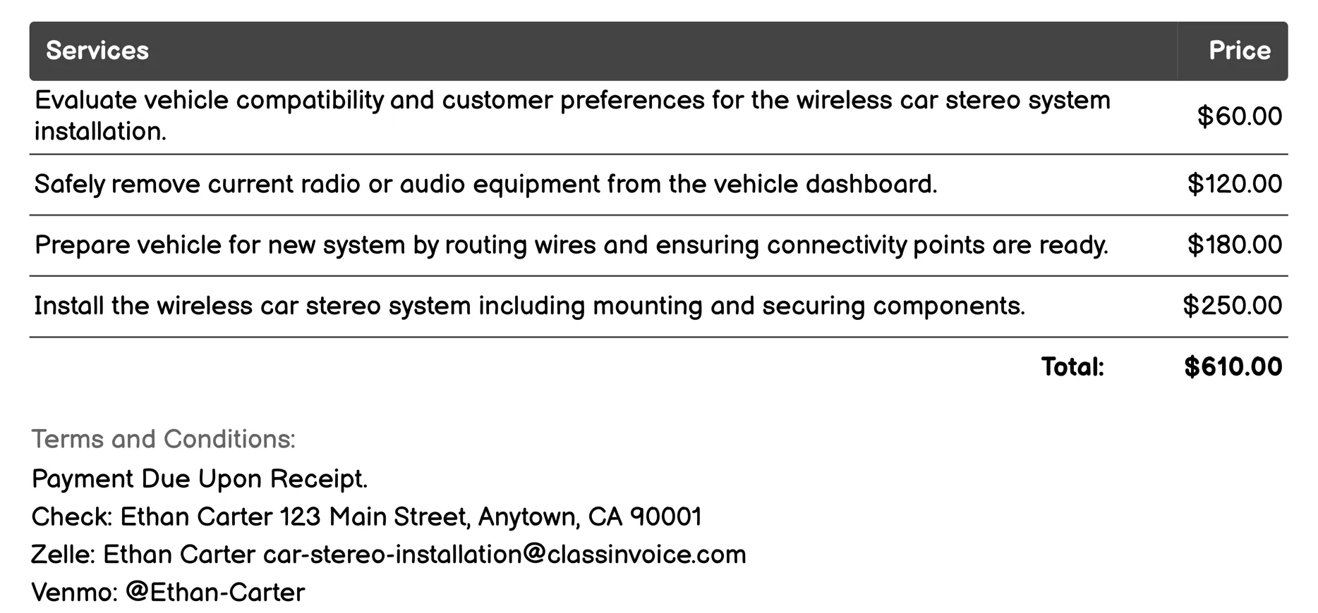 Wireless Car Stereo System Invoice Example