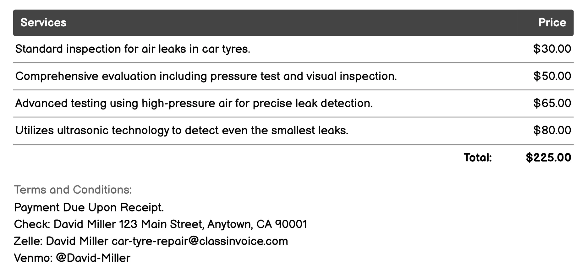 Air Leak Detection Invoice Example