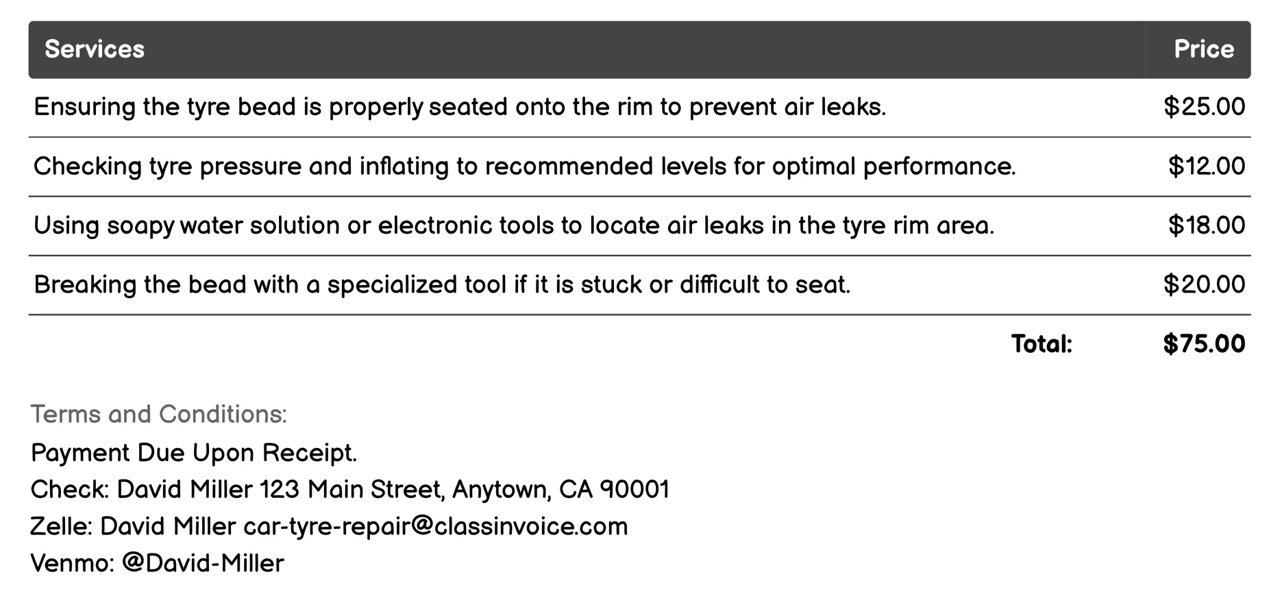 Bead Seating Repair Invoice Example