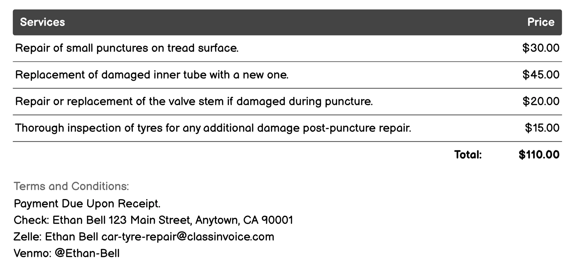 Puncture Repair Invoice Example