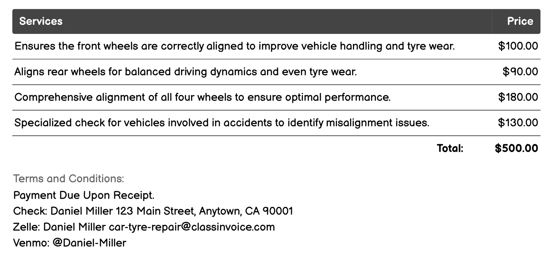 Wheel Alignment Check Invoice Example