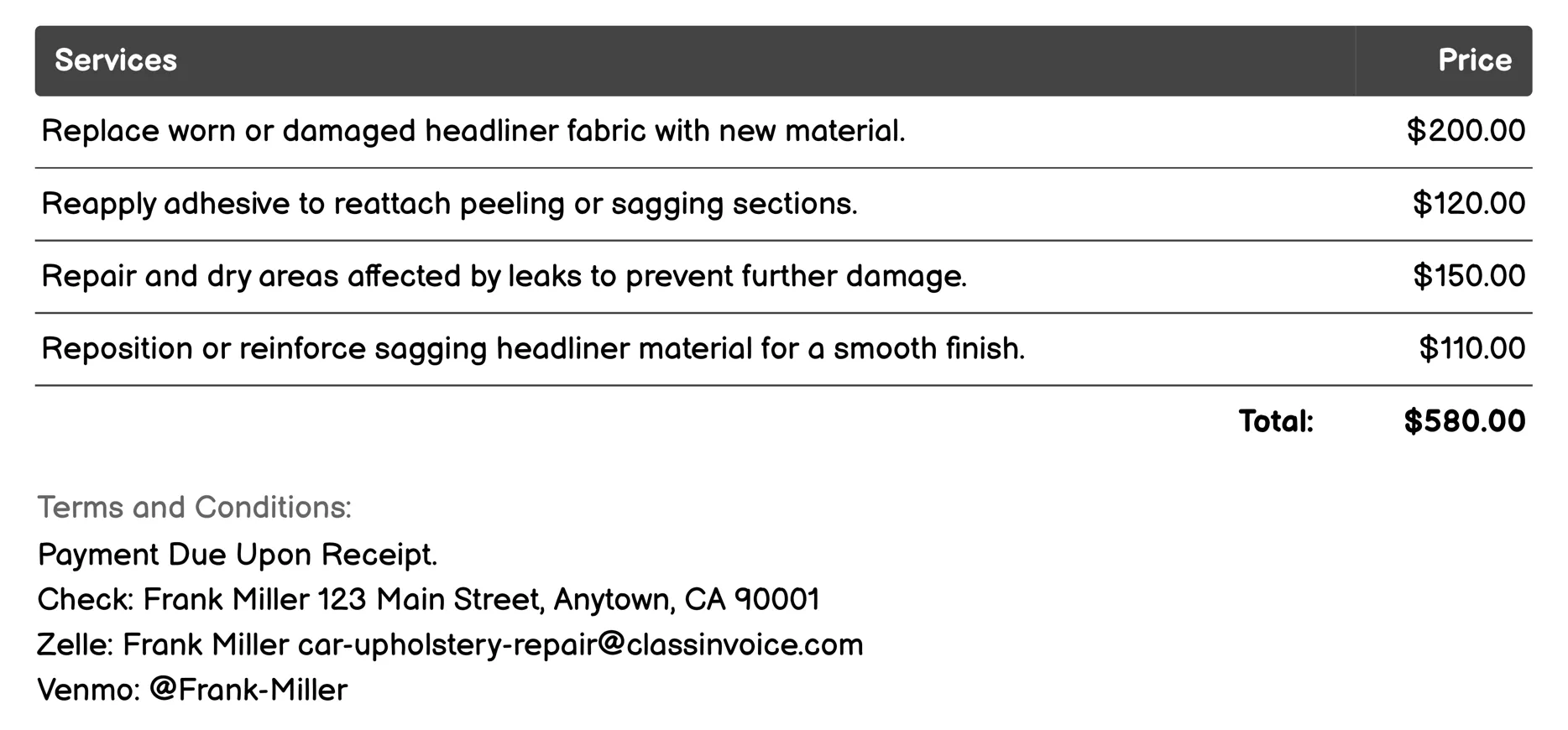 Headliner Repair Invoice Example