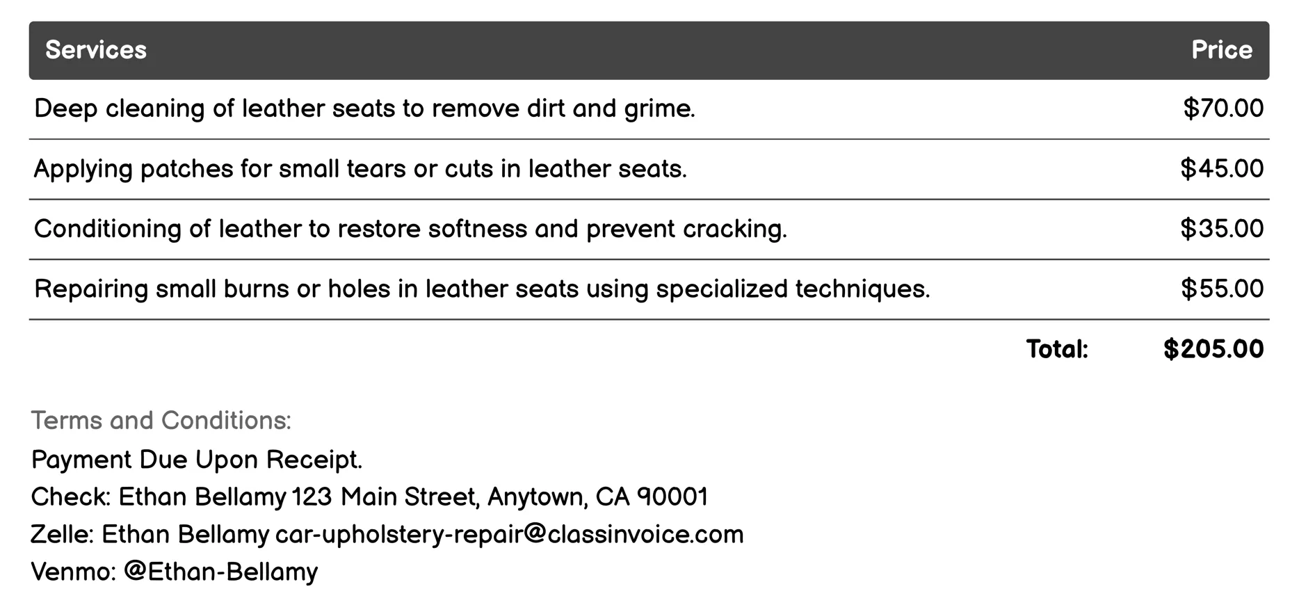 Leather Seat Repair Invoice Example
