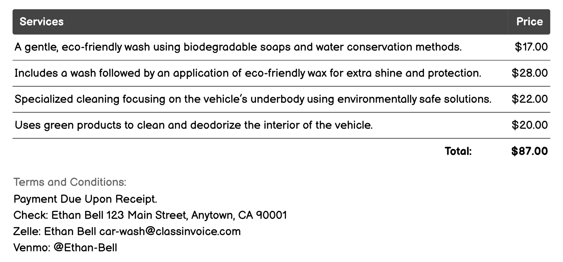 Eco-Friendly Wash Invoice Example