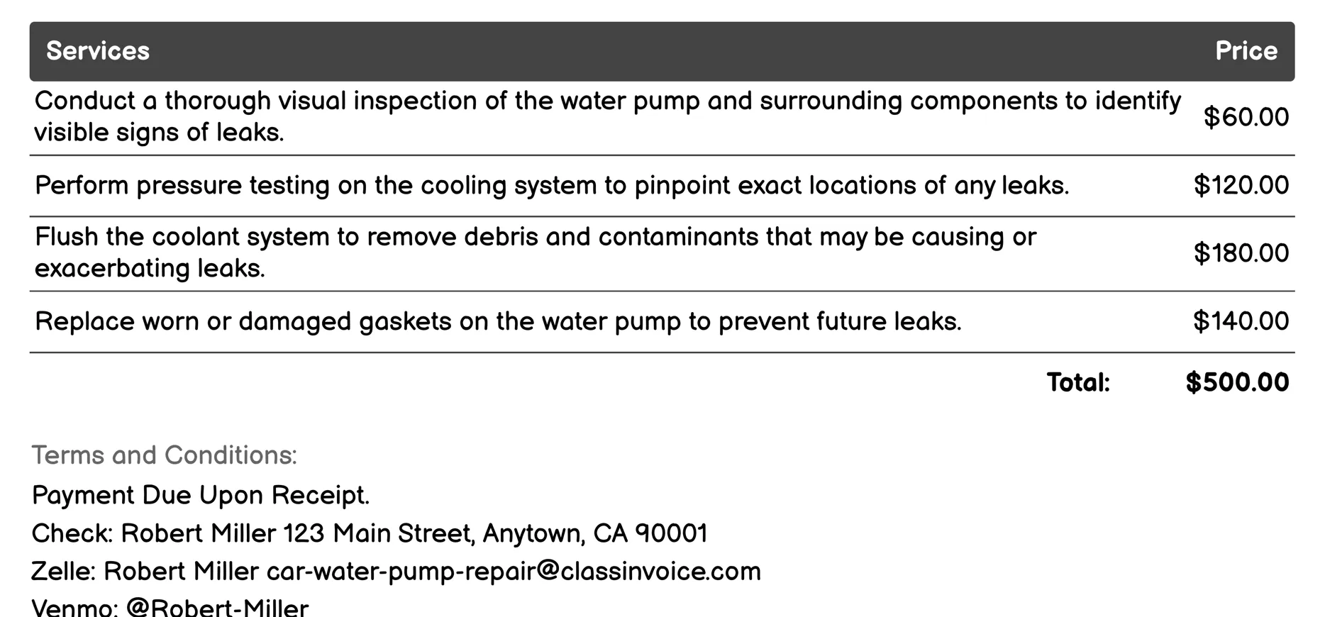 Leak Detection Invoice Example