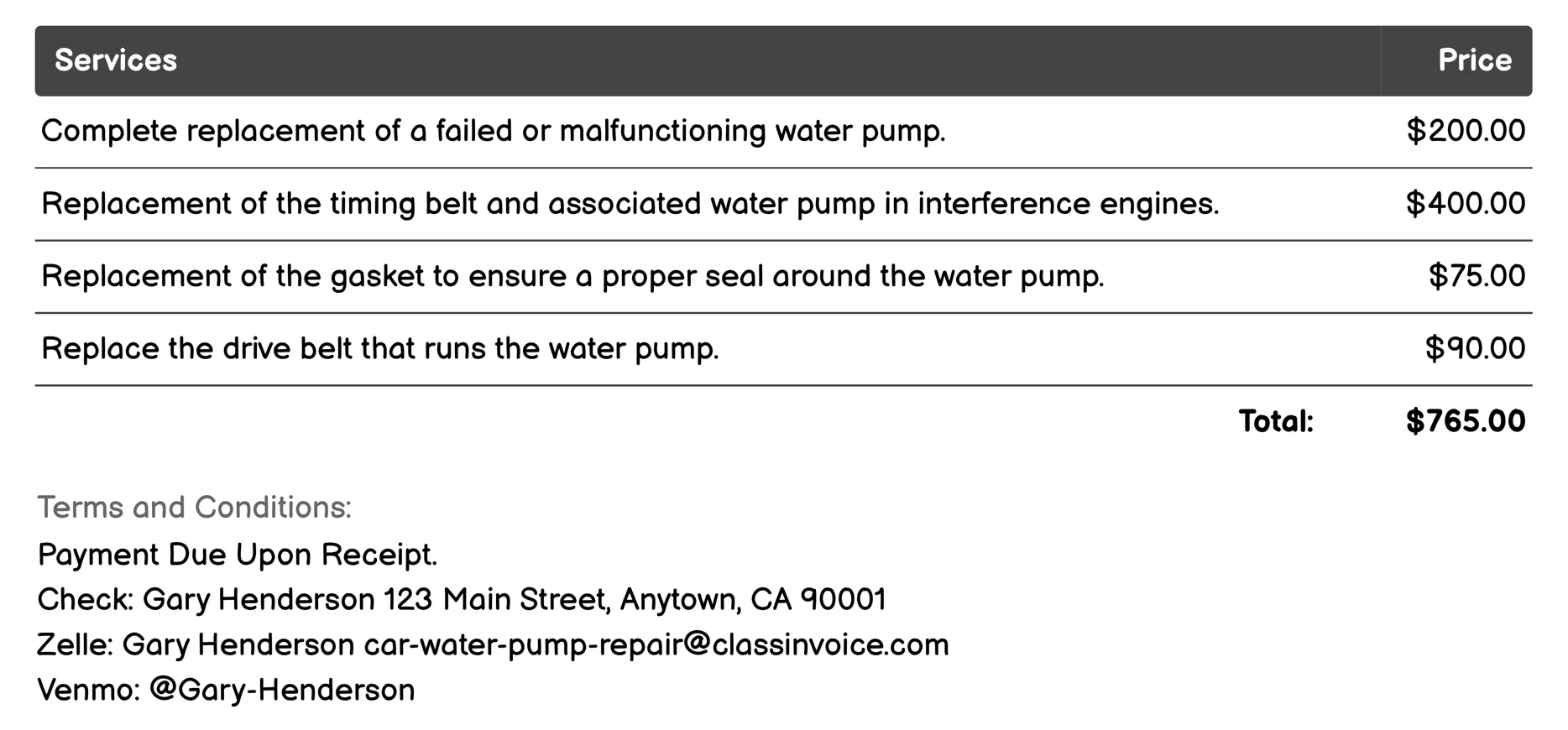 Replacement Invoice Example