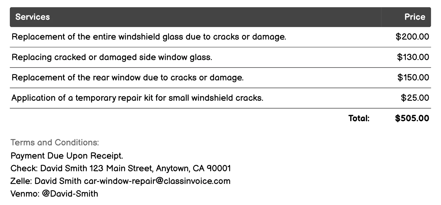 Cracked Glass Replacement Invoice Example
