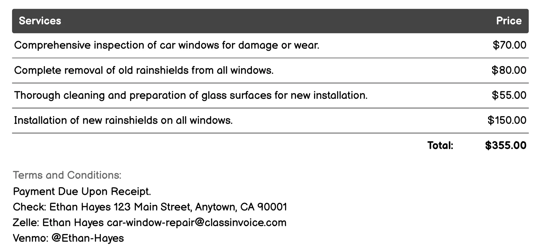 Rainshield Replacement Invoice Example