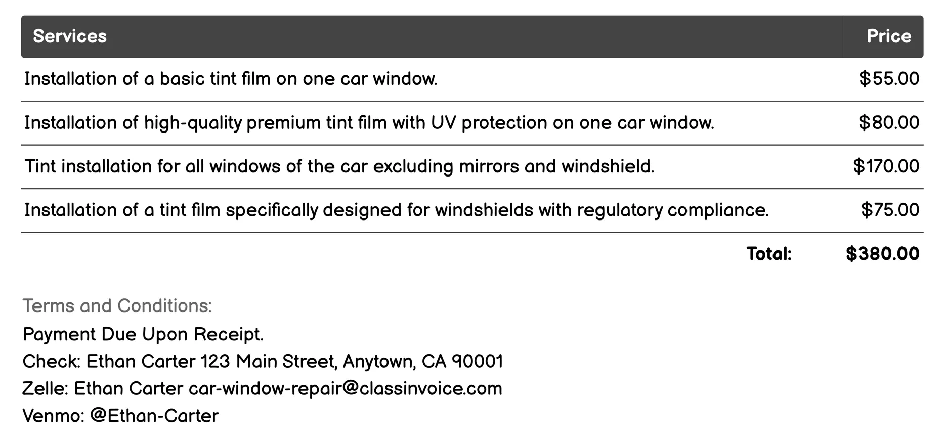 Tint Installation Invoice Example