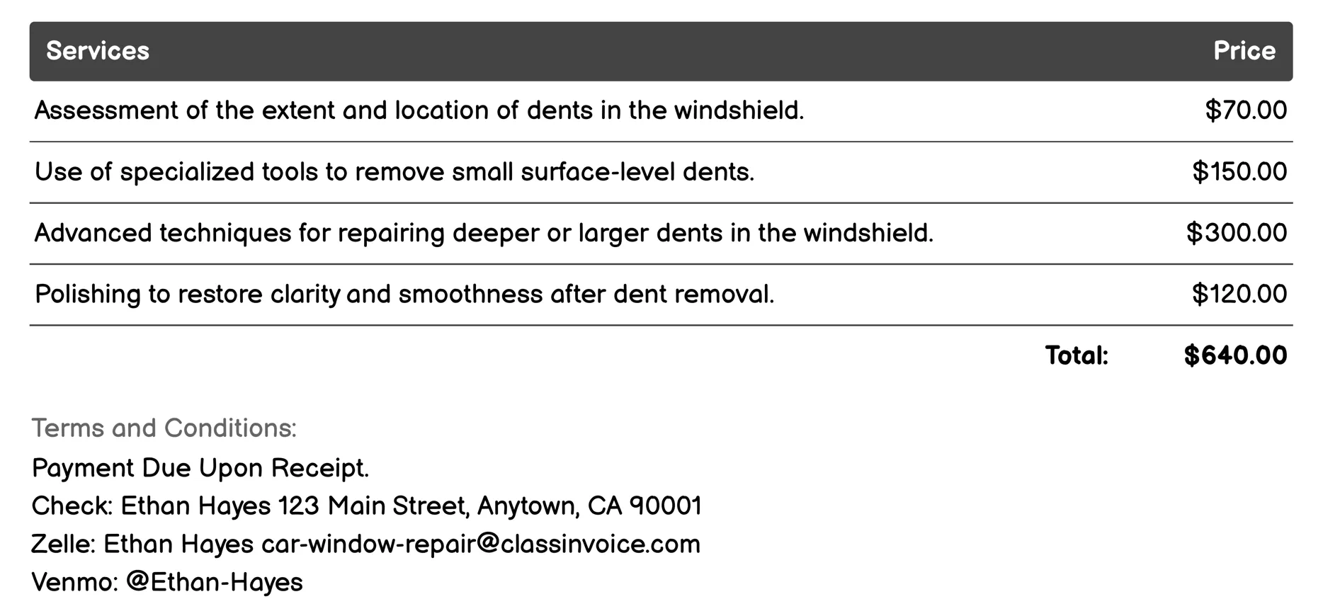 Windshield Dent Removal Invoice Example