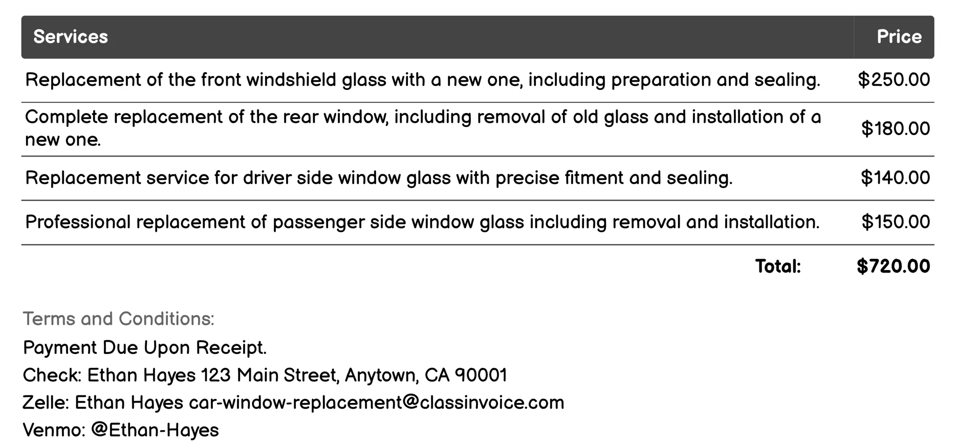 Auto Glass Re-keying Invoice Example