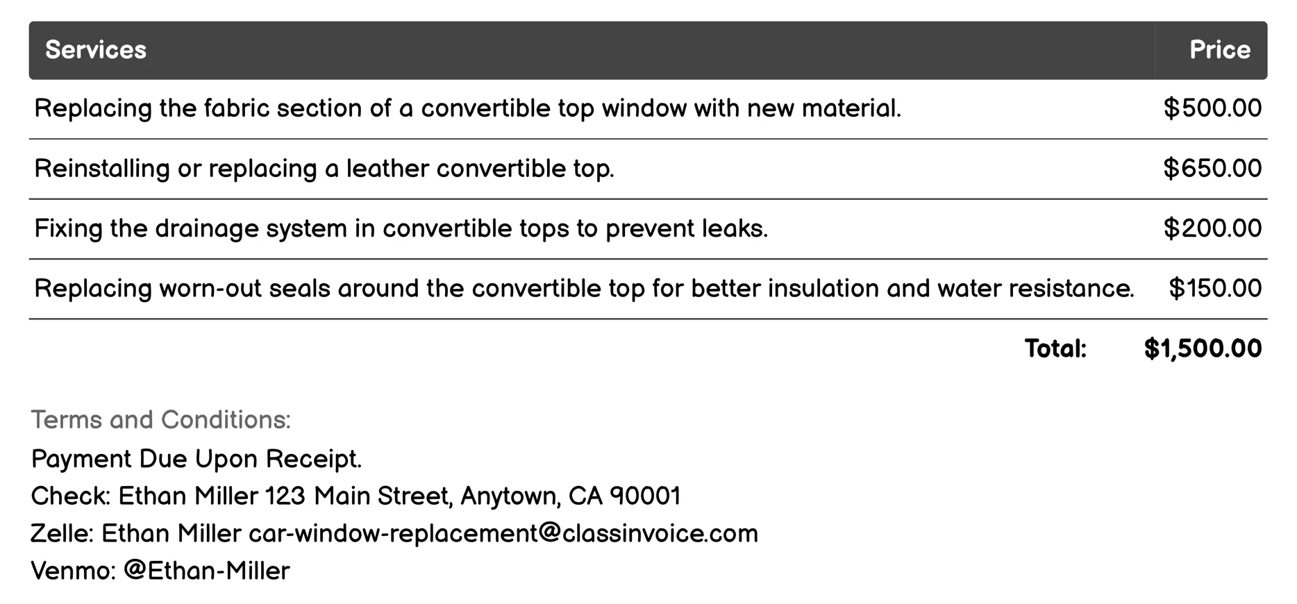 Convertible Top Window Repair Invoice Example