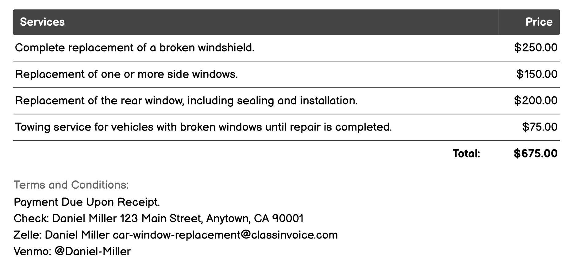 Emergency Glass Repair Invoice Example