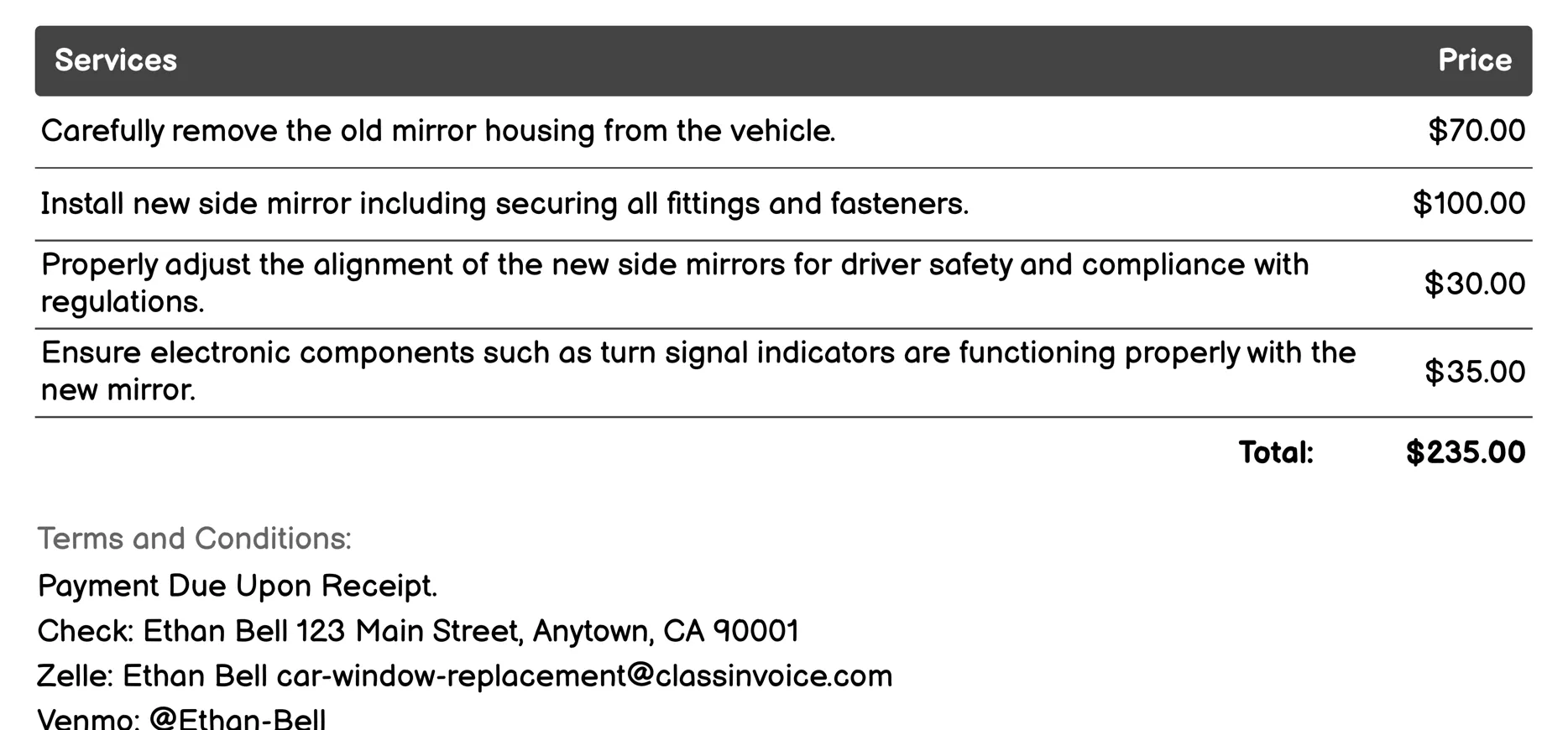 Side Mirror Replacement Invoice Example