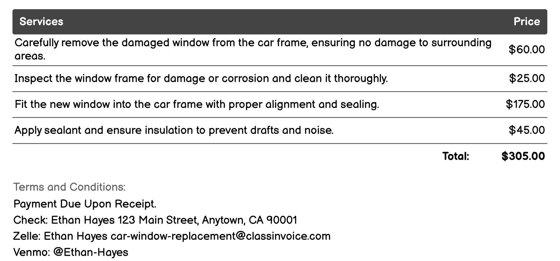 Standard Car Window Replacement Invoice Example