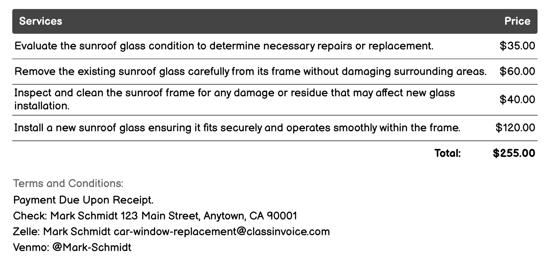 Sunroof Glass Replacement Invoice Example
