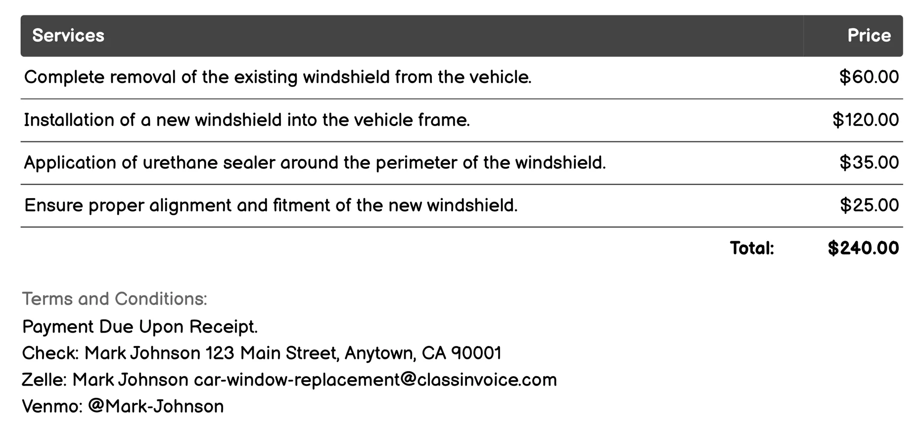 Windshield Replacement with Sealer Invoice Example