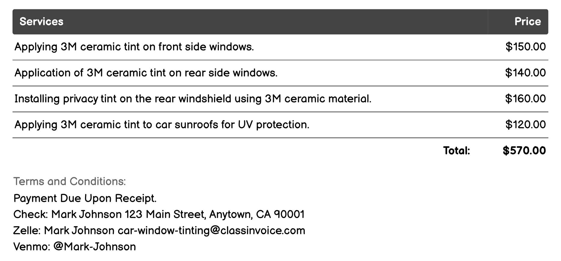 3M Ceramic Tinting Invoice Example