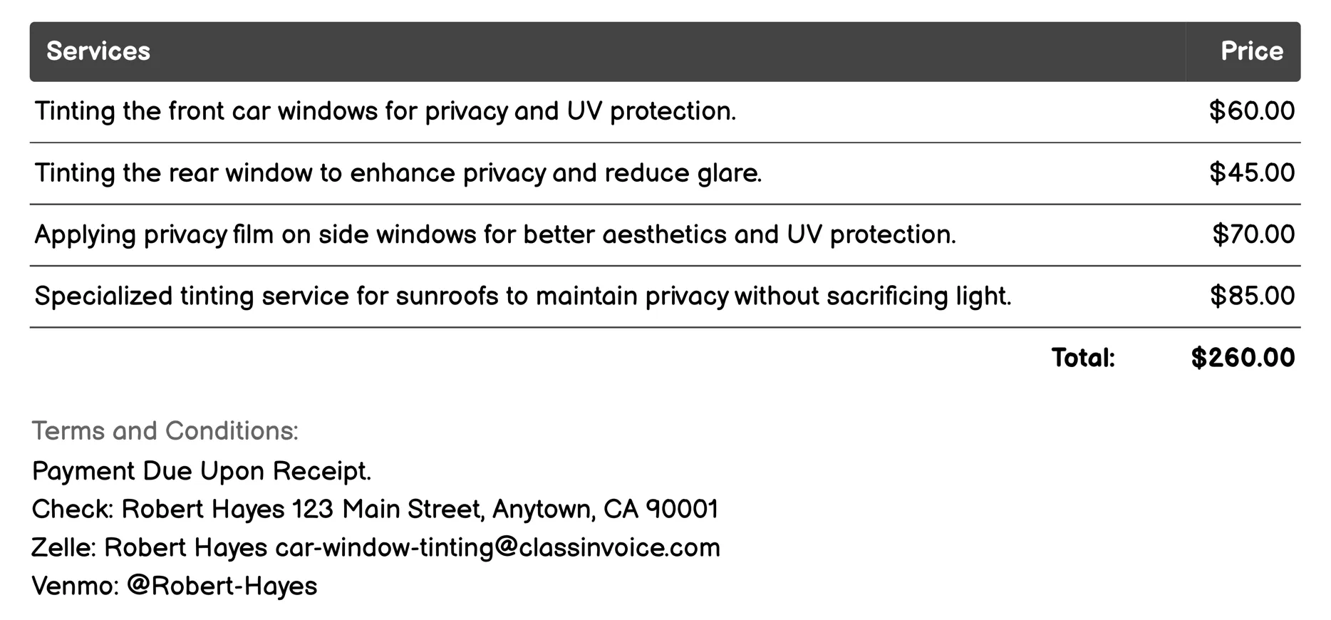Privacy Film Invoice Example