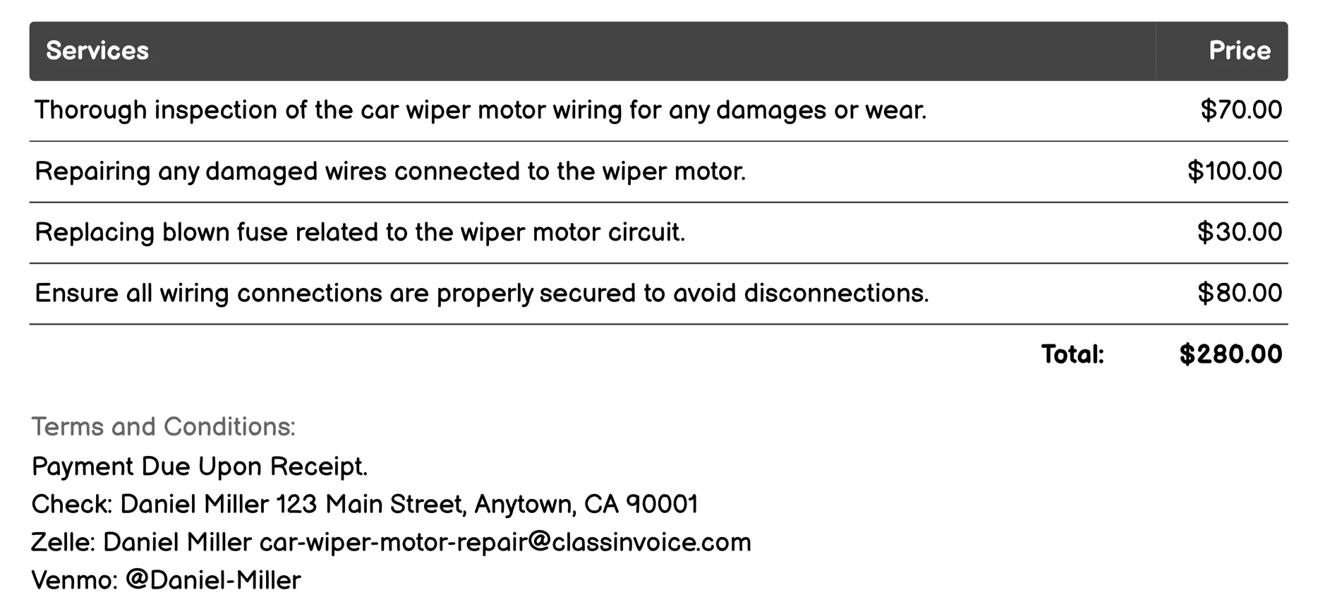 Wiring Repair or Replacement Invoice Example