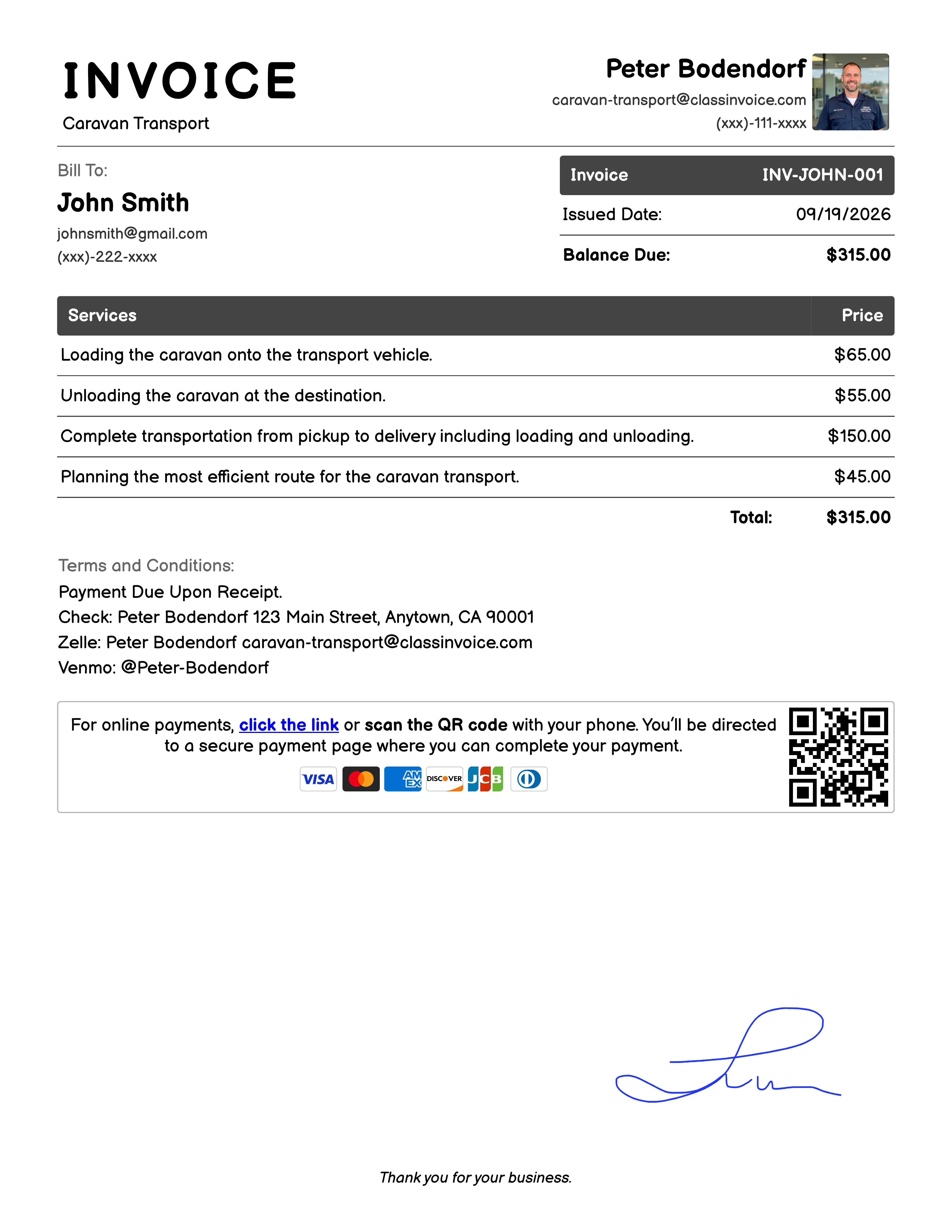 Caravan Transport Invoice Example