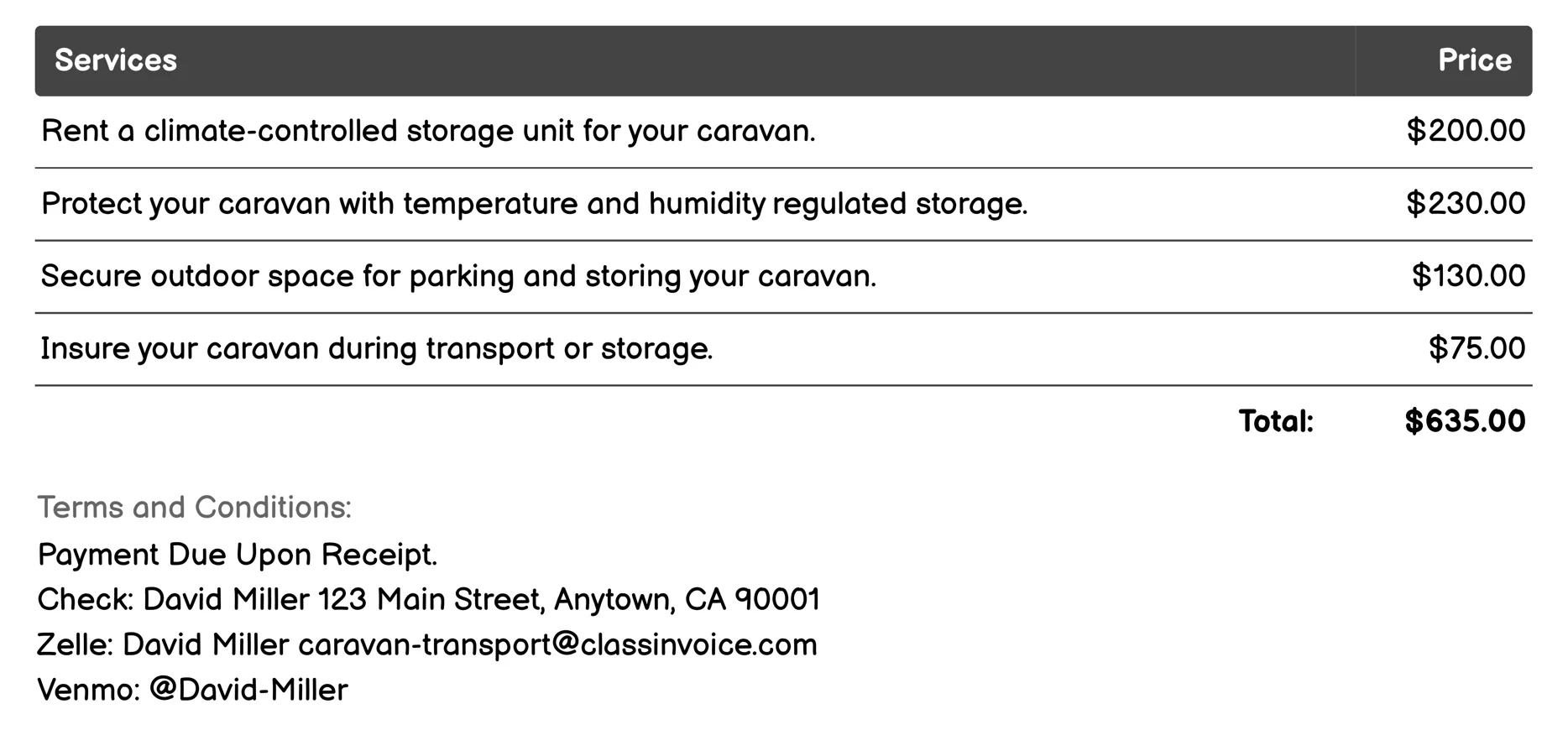 Storage Solutions Invoice Example