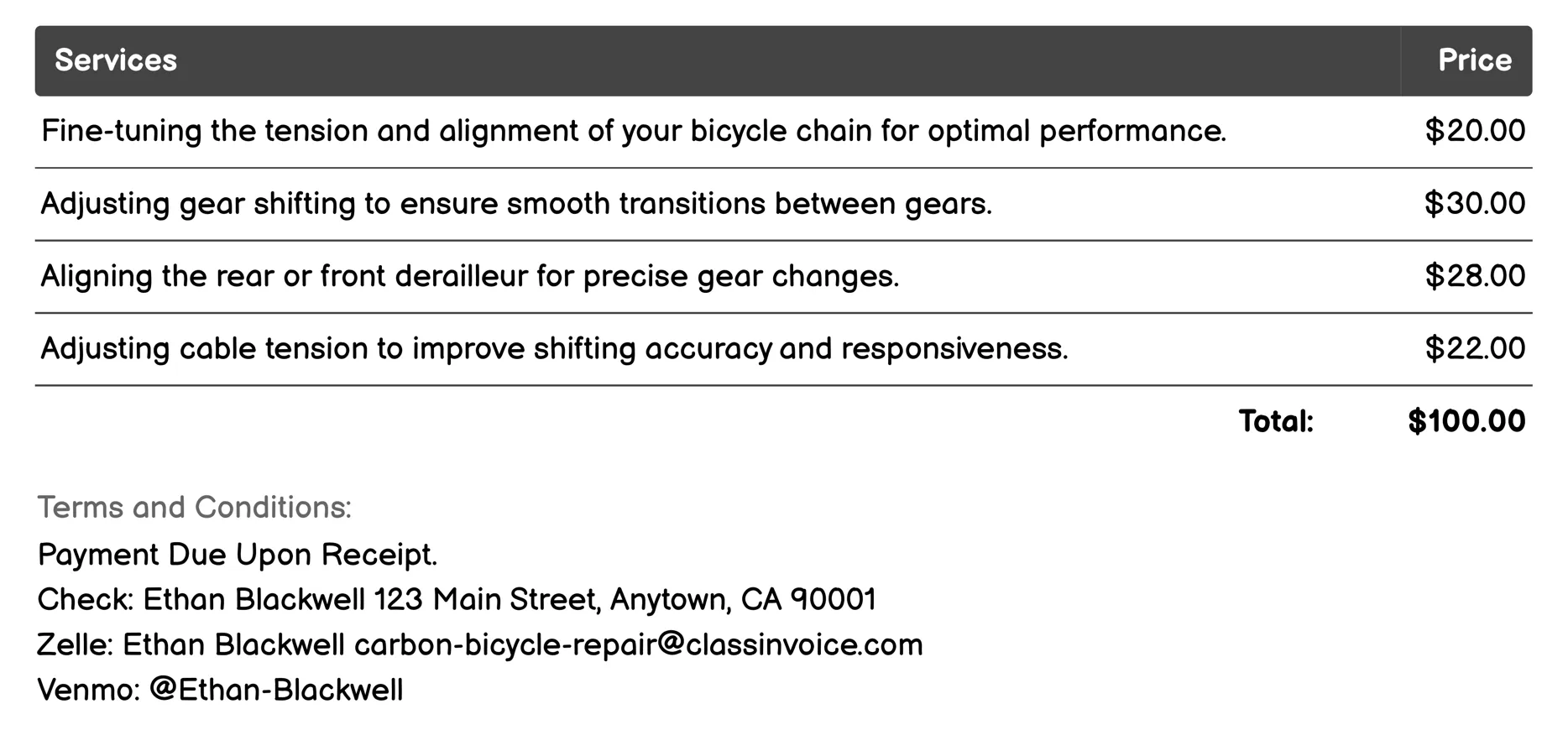 Gear Tuning Invoice Example
