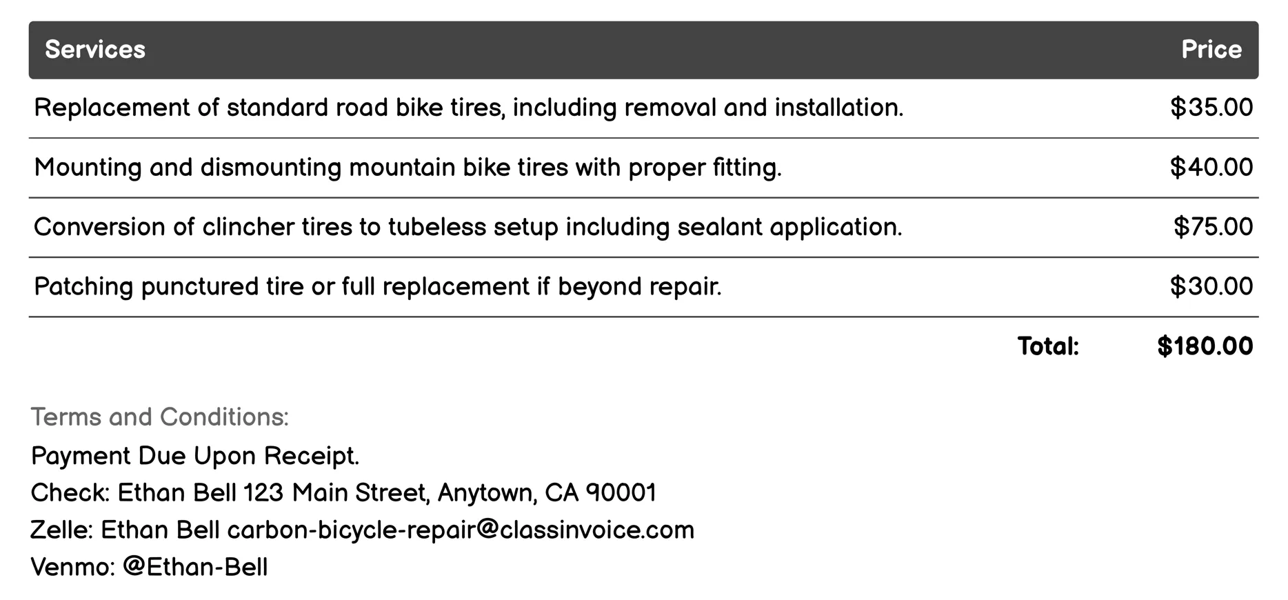 Tire Replacement Invoice Example