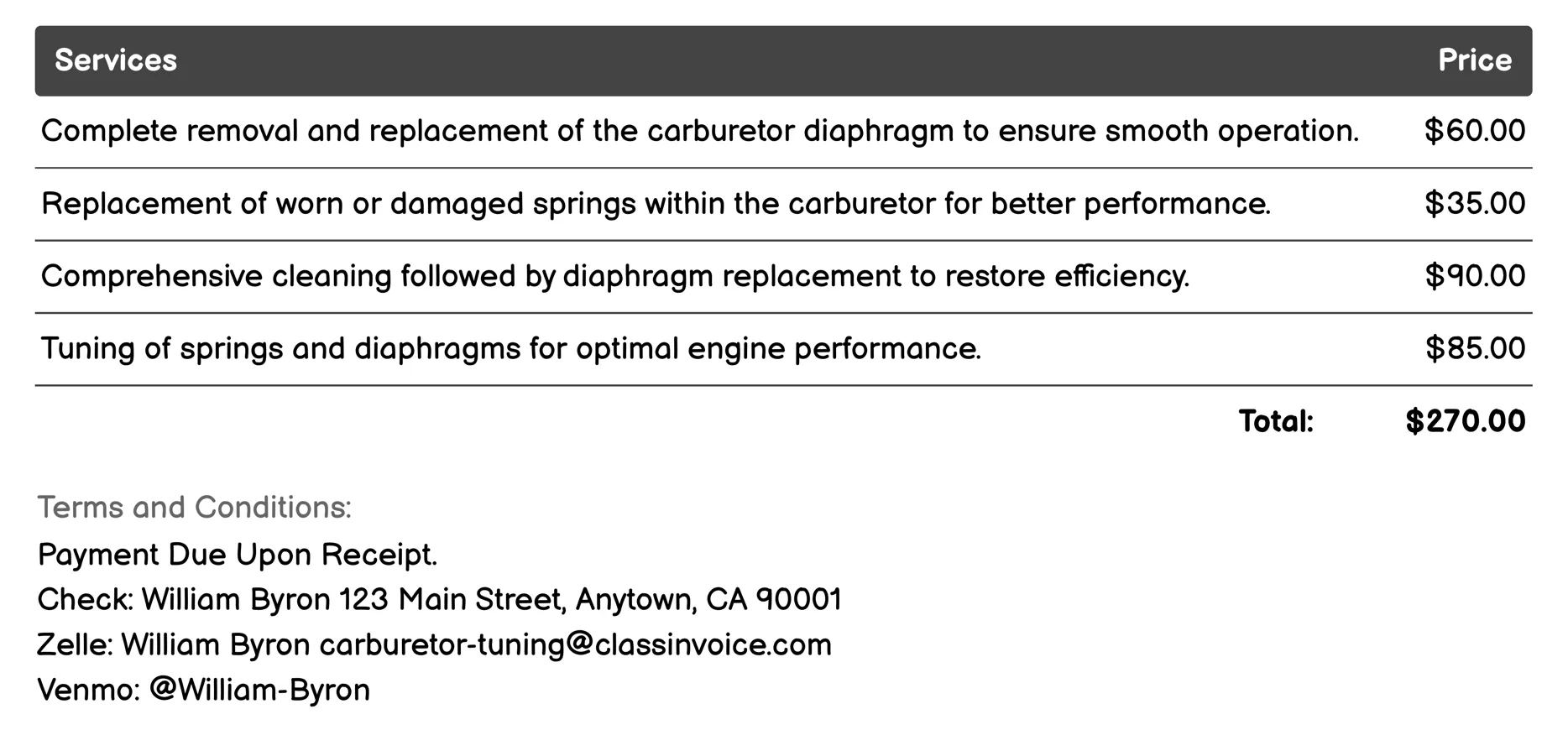 Diaphragm and Spring Replacement Invoice Example