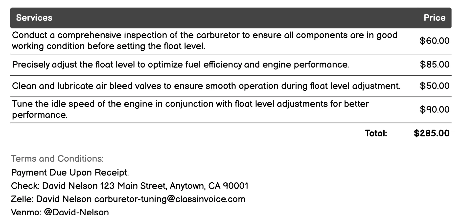 Float Level Setting Invoice Example