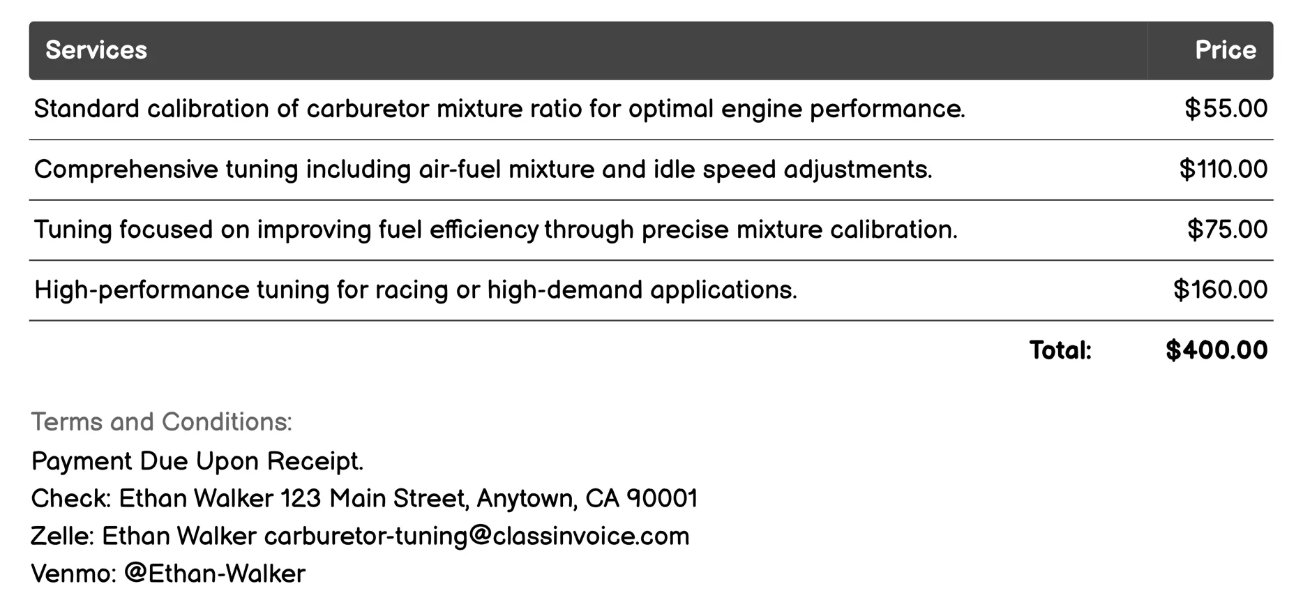 Mixture Ratio Calibration Invoice Example