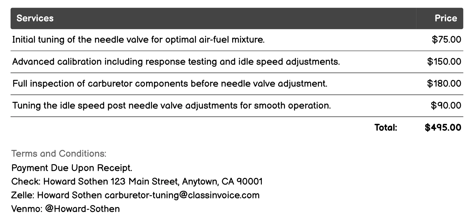 Needle Valve Adjustment Invoice Example