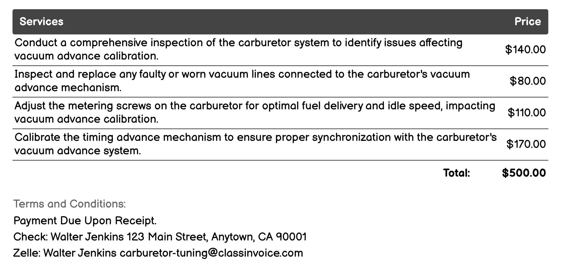Vacuum Advance Calibration Invoice Example