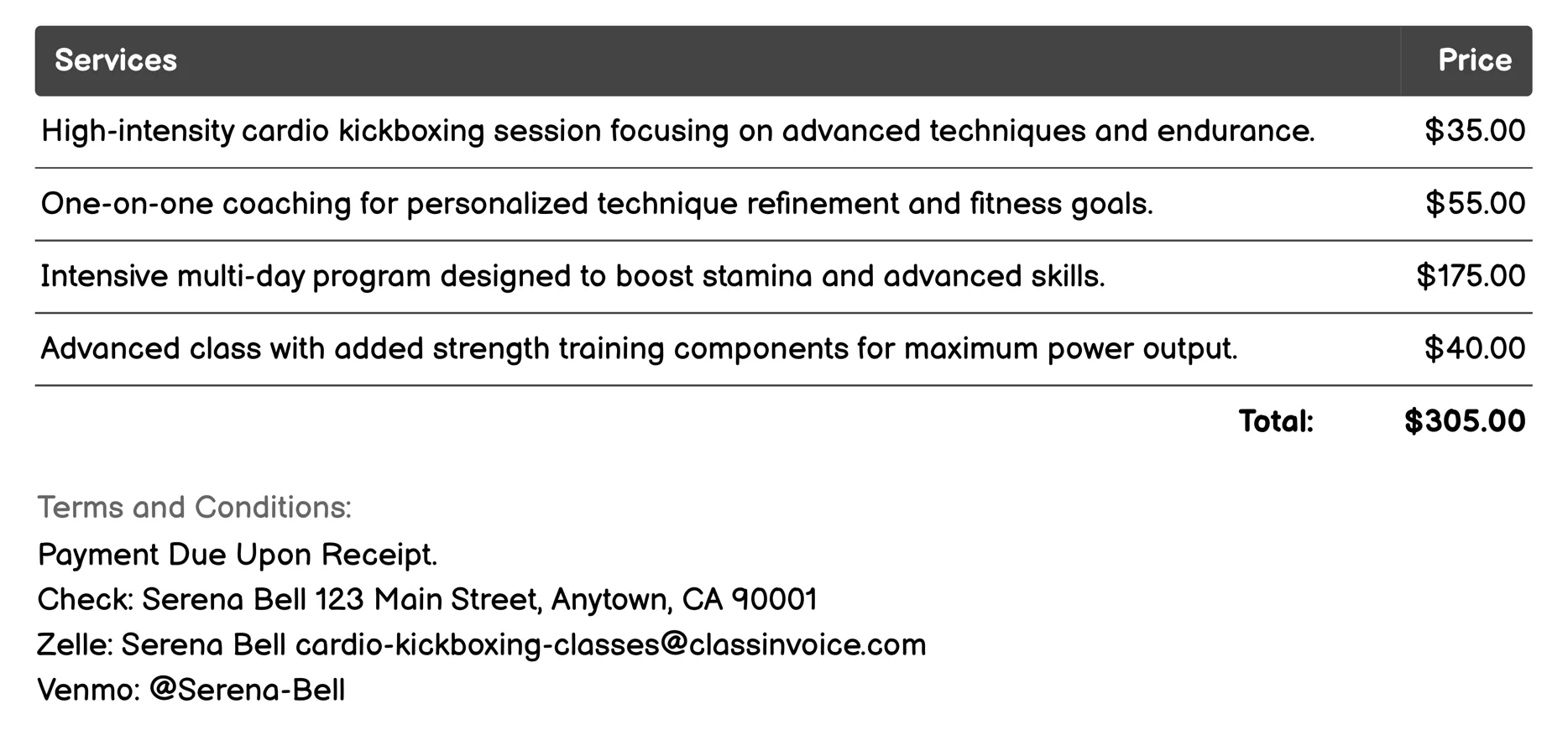 Advanced Cardio Kickboxing Invoice Example